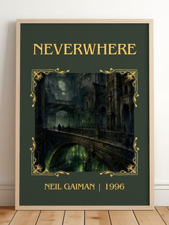 Neverwhere Classic Book Art Print by Neil Gaiman – framed print leaning on a wooden floor