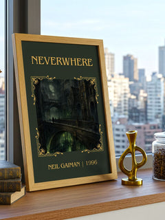 Neverwhere Classic Book Art Print by Neil Gaiman – framed print on a city-view windowsill