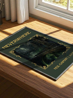 Neverwhere Classic Book Art Print by Neil Gaiman – print on a sunlit desk