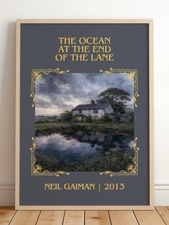 The Ocean At The End Of The Lane Classic Book Art Print by Neil Gaiman – framed print leaning on a wooden floor