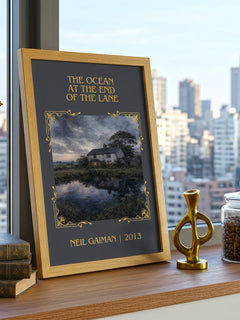 The Ocean At The End Of The Lane Classic Book Art Print by Neil Gaiman – framed print on a city-view windowsill