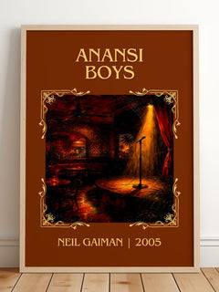 Anansi Boys Classic Book Art Print by Neil Gaiman – framed print leaning on a wooden floor