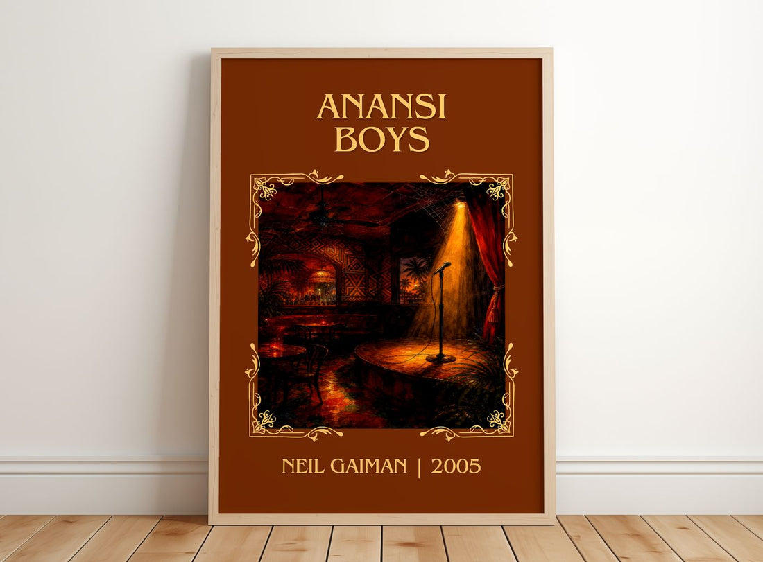 Anansi Boys Classic Book Art Print by Neil Gaiman – framed print leaning on a wooden floor
