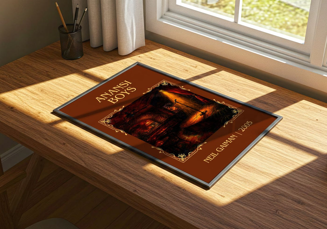 Anansi Boys Classic Book Art Print by Neil Gaiman – print on a sunlit desk