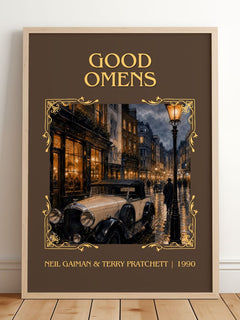 Good Omens Classic Book Art Print by Neil Gaiman & Terry Pratchett – framed print leaning on a wooden floor