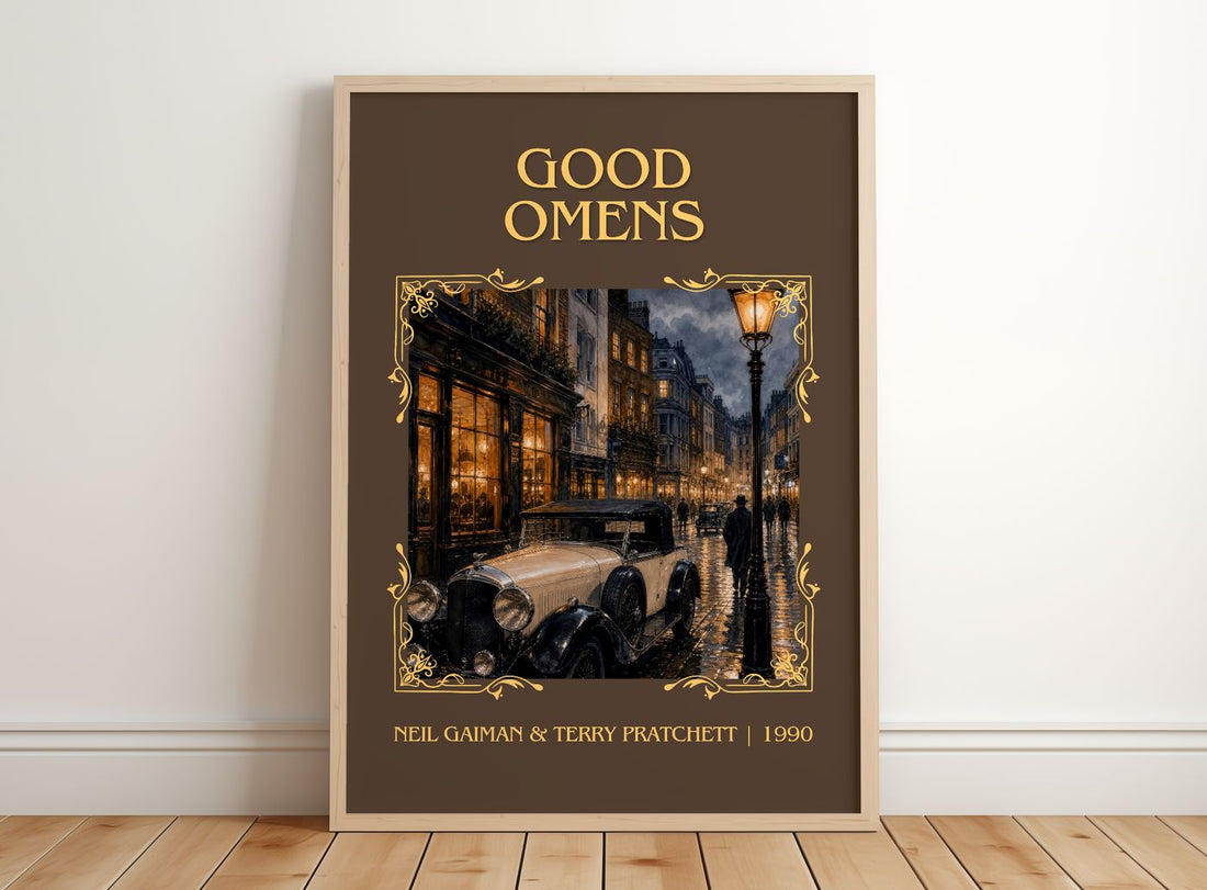 Good Omens Classic Book Art Print by Neil Gaiman & Terry Pratchett – framed print leaning on a wooden floor