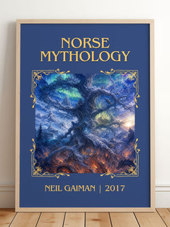 Norse Mythology Classic Book Art Print by Neil Gaiman – framed print leaning on a wooden floor