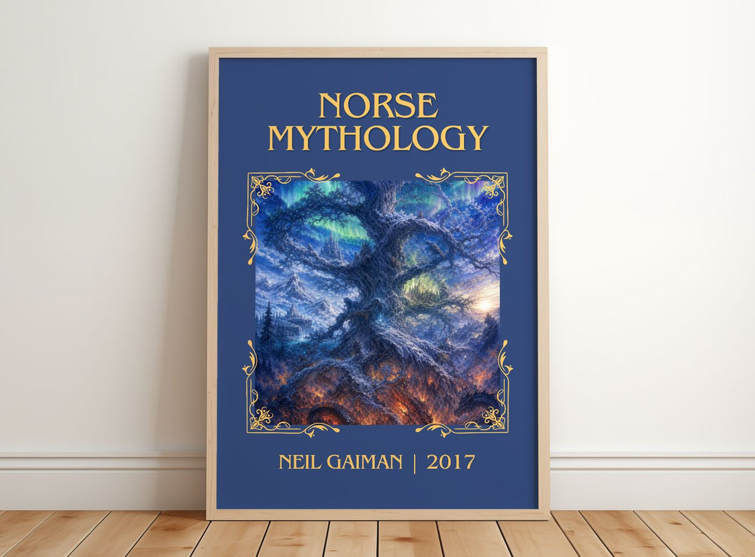 Norse Mythology Classic Book Art Print by Neil Gaiman – framed print leaning on a wooden floor