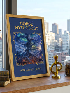 Norse Mythology Classic Book Art Print by Neil Gaiman – framed print on a city-view windowsill