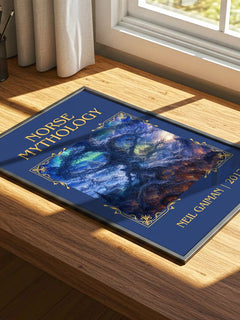 Norse Mythology Classic Book Art Print by Neil Gaiman – print on a sunlit desk