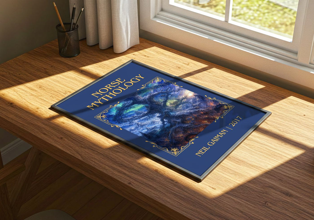 Norse Mythology Classic Book Art Print by Neil Gaiman – print on a sunlit desk