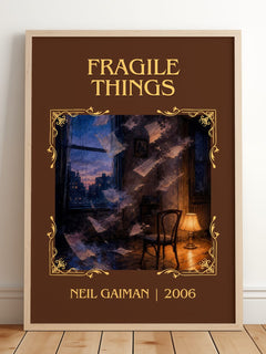 Fragile Things Classic Book Art Print by Neil Gaiman – framed print leaning on a wooden floor