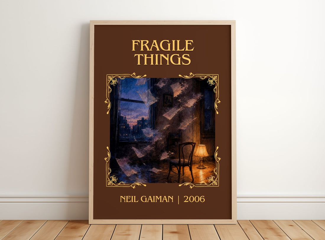 Fragile Things Classic Book Art Print by Neil Gaiman – framed print leaning on a wooden floor