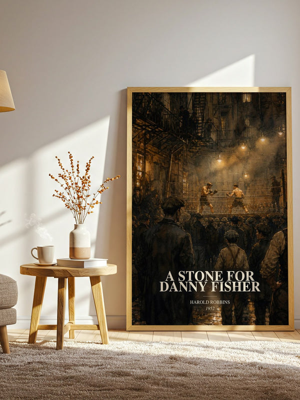 A Stone For Danny Fisher watercolour print in frame leaning in hallway – historical fiction wall art