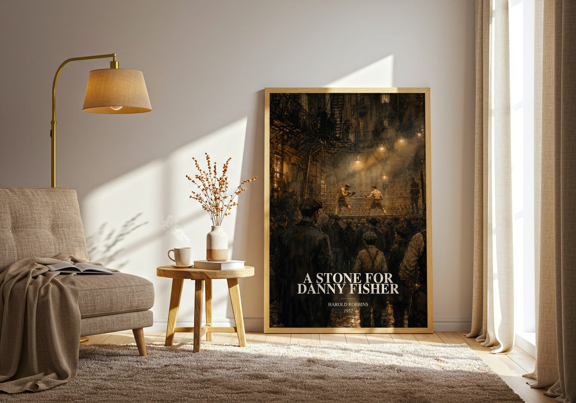 A Stone For Danny Fisher watercolour print in frame leaning in hallway – historical fiction wall art