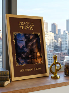 Fragile Things Classic Book Art Print by Neil Gaiman – framed print on a city-view windowsill