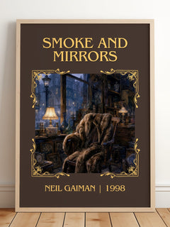 Smoke And Mirrors Classic Book Art Print by Neil Gaiman – framed print leaning on a wooden floor