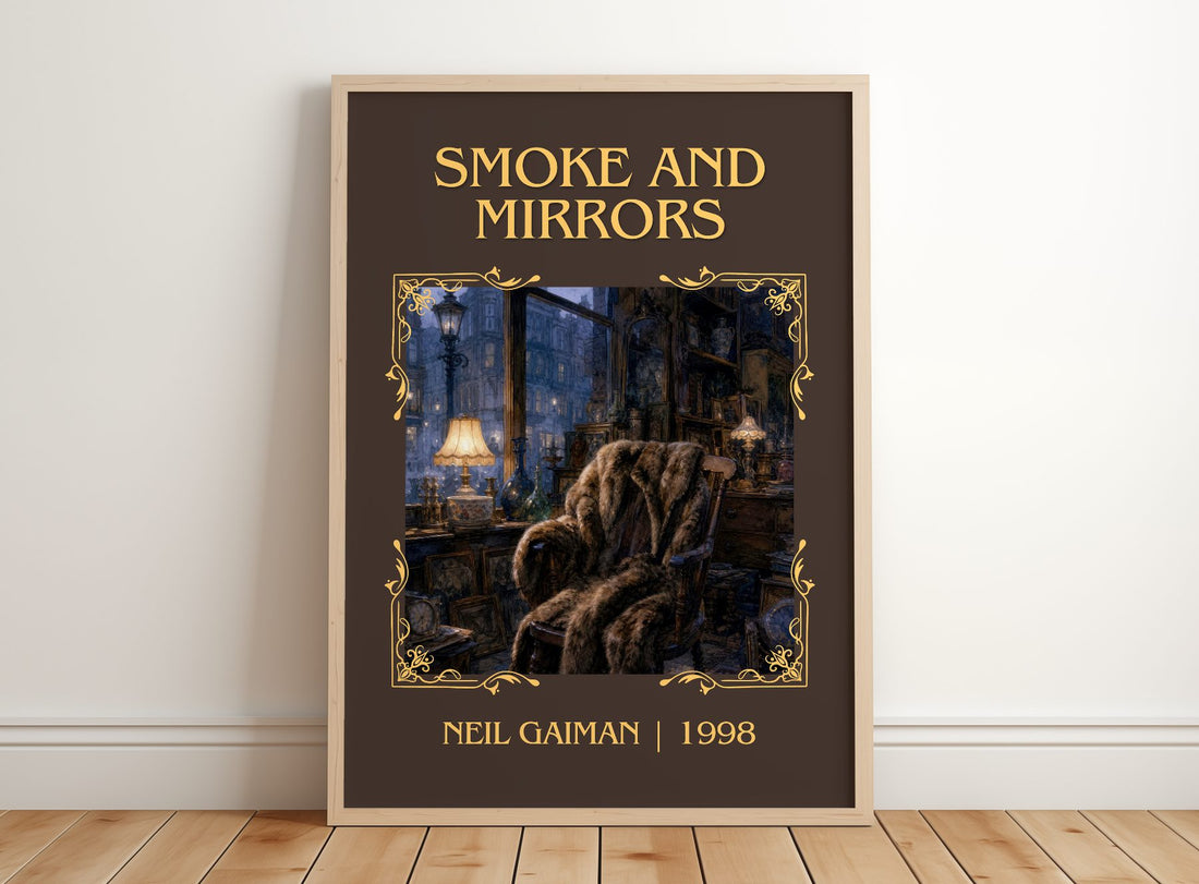 Smoke And Mirrors Classic Book Art Print by Neil Gaiman – framed print leaning on a wooden floor