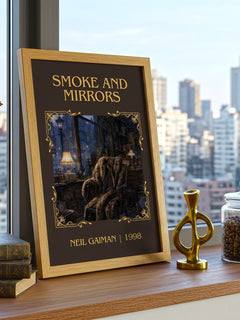 Smoke And Mirrors Classic Book Art Print by Neil Gaiman – framed print on a city-view windowsill