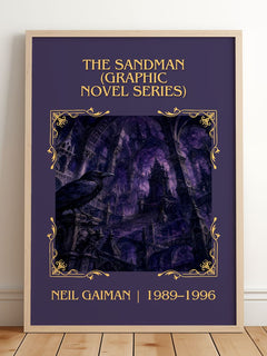 Sandman (Graphic Novel Series) Classic Book Art Print by Neil Gaiman – framed print leaning on a wooden floor