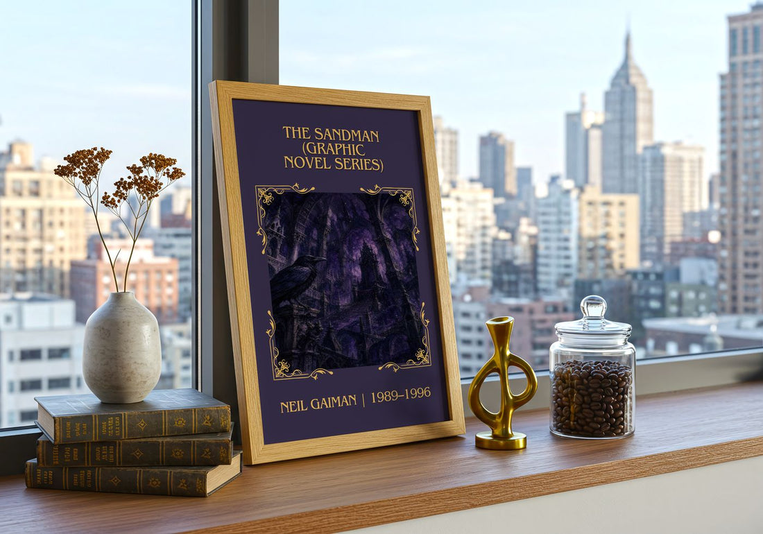 Sandman (Graphic Novel Series) Classic Book Art Print by Neil Gaiman – framed print on a city-view windowsill