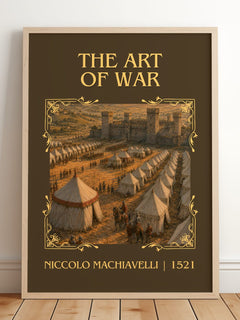 The Art Of War Classic Book Art Print by Niccolò Machiavelli – framed print leaning on a wooden floor