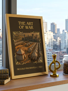 The Art Of War Classic Book Art Print by Niccolò Machiavelli – framed print on a city-view windowsill