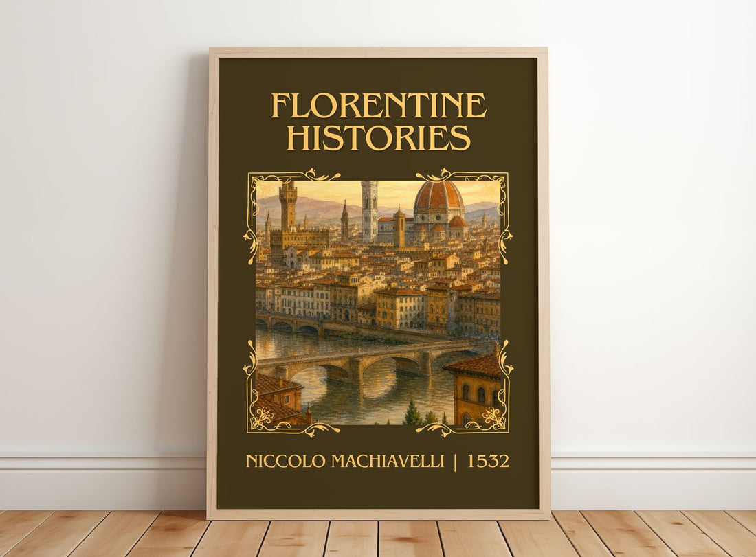 Florentine Histories Classic Book Art Print by Niccolò Machiavelli – framed print leaning on a wooden floor