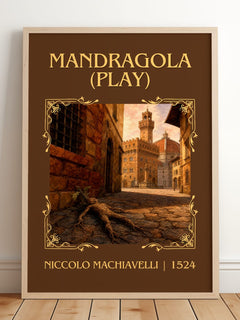 Mandragola (Play) Classic Book Art Print by Niccolò Machiavelli – framed print leaning on a wooden floor