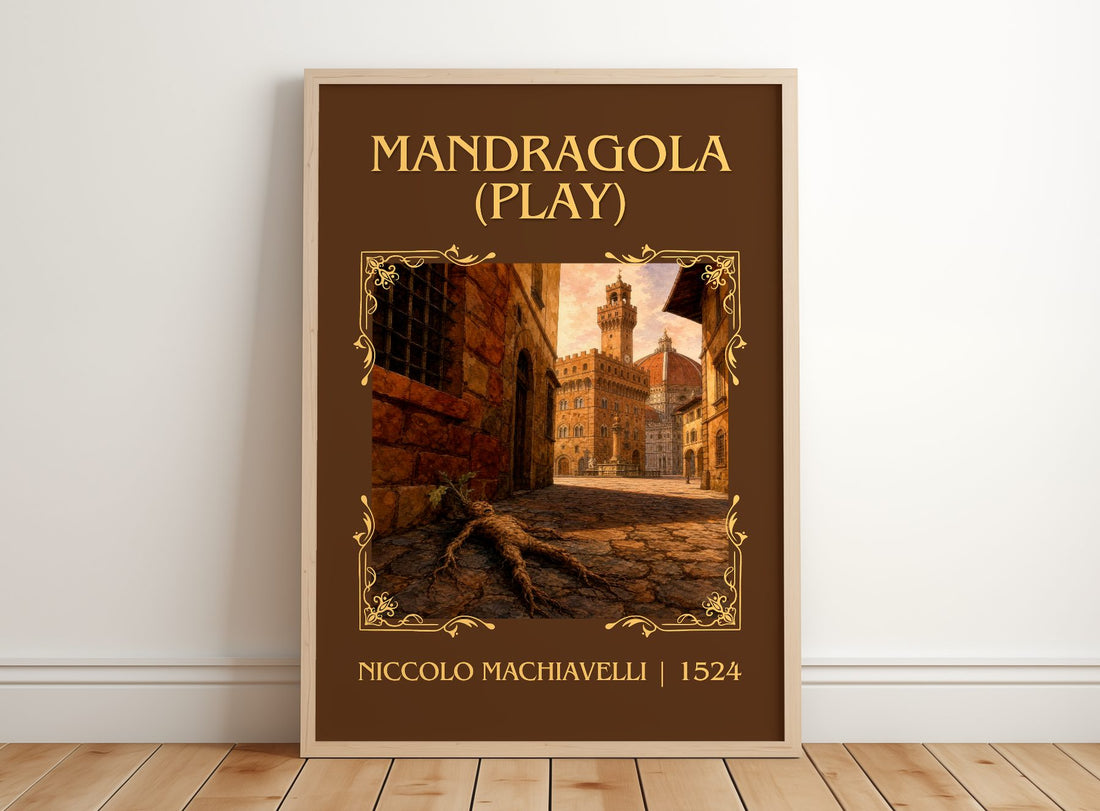 Mandragola (Play) Classic Book Art Print by Niccolò Machiavelli – framed print leaning on a wooden floor