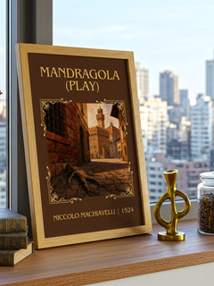 Mandragola (Play) Classic Book Art Print by Niccolò Machiavelli – framed print on a city-view windowsill
