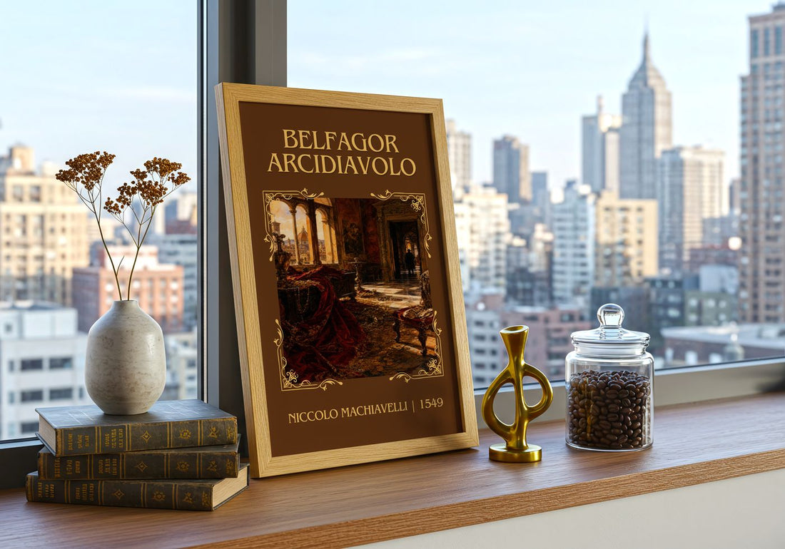 Belfagor Arcidiavolo Classic Book Art Print by Niccolò Machiavelli – framed print on a city-view windowsill