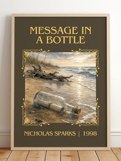 Message In A Bottle Classic Book Art Print by Nicholas Sparks – framed print leaning on a wooden floor
