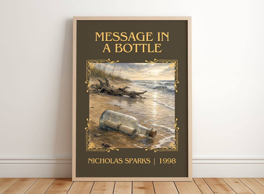 Message In A Bottle Classic Book Art Print by Nicholas Sparks – framed print leaning on a wooden floor