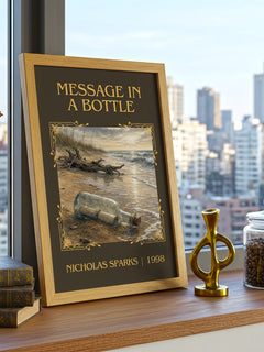 Message In A Bottle Classic Book Art Print by Nicholas Sparks – framed print on a city-view windowsill