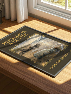 Message In A Bottle Classic Book Art Print by Nicholas Sparks – print on a sunlit desk