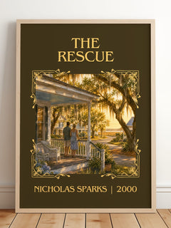 The Rescue Classic Book Art Print by Nicholas Sparks – framed print leaning on a wooden floor