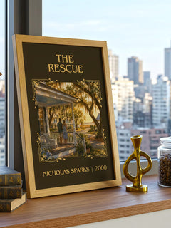 The Rescue Classic Book Art Print by Nicholas Sparks – framed print on a city-view windowsill