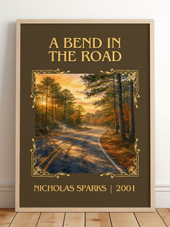 A Bend In The Road Classic Book Art Print by Nicholas Sparks – framed print leaning on a wooden floor