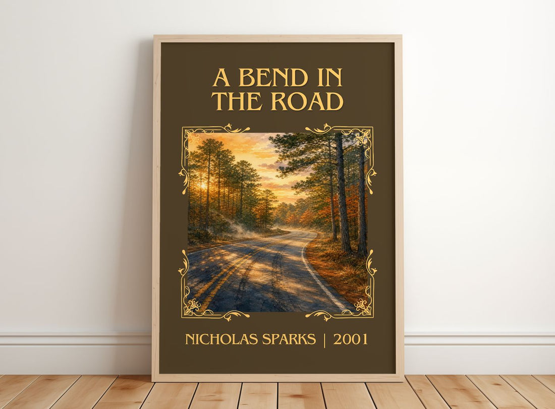 A Bend In The Road Classic Book Art Print by Nicholas Sparks – framed print leaning on a wooden floor