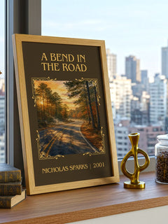A Bend In The Road Classic Book Art Print by Nicholas Sparks – framed print on a city-view windowsill