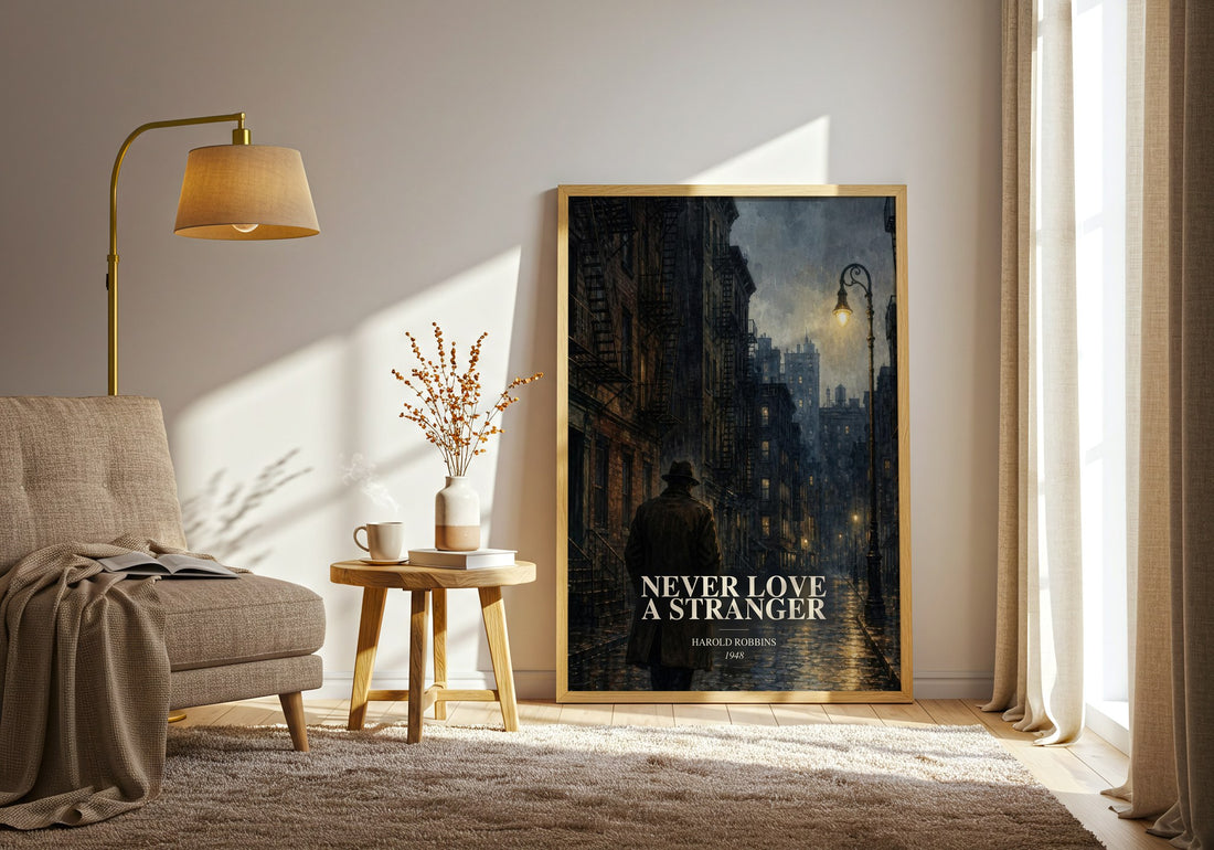 Never Love A Stranger watercolour print in frame leaning in hallway – literary fiction wall art (mockup)