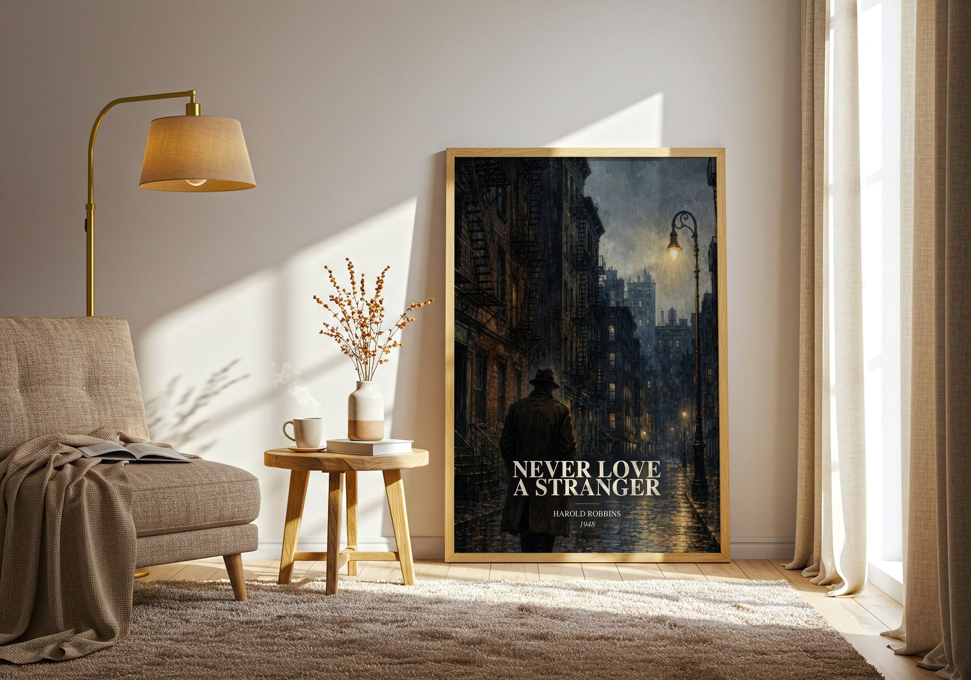 Never Love A Stranger watercolour print in frame leaning in hallway – literary fiction wall art