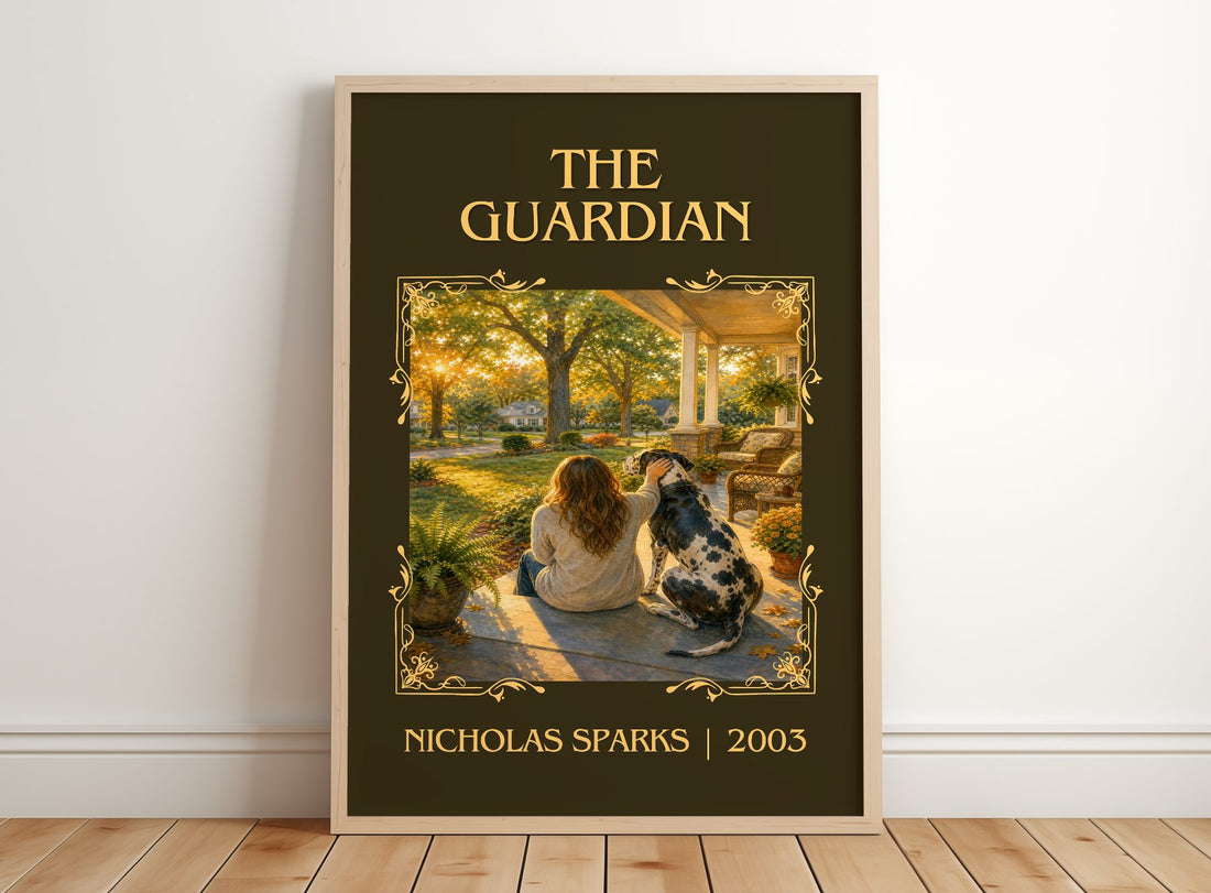The Guardian Classic Book Art Print by Nicholas Sparks – framed print leaning on a wooden floor