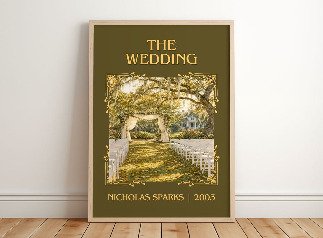 The Wedding Classic Book Art Print by Nicholas Sparks – framed print leaning on a wooden floor