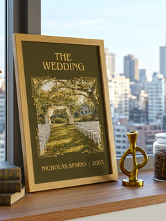 The Wedding Classic Book Art Print by Nicholas Sparks – framed print on a city-view windowsill