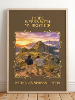 Three Weeks With My Brother Classic Book Art Print by Nicholas Sparks – framed print leaning on a wooden floor