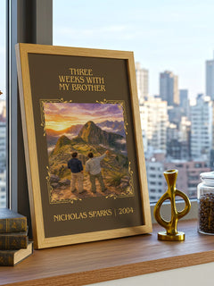 Three Weeks With My Brother Classic Book Art Print by Nicholas Sparks – framed print on a city-view windowsill