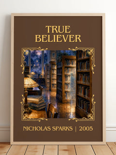 True Believer Classic Book Art Print by Nicholas Sparks – framed print leaning on a wooden floor