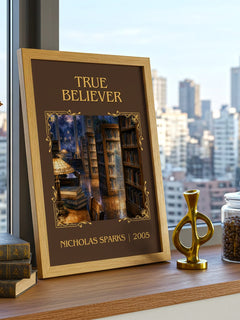 True Believer Classic Book Art Print by Nicholas Sparks – framed print on a city-view windowsill